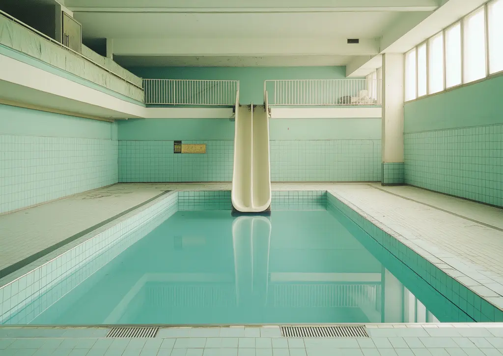 Imaginary abandoned training pool and water slide